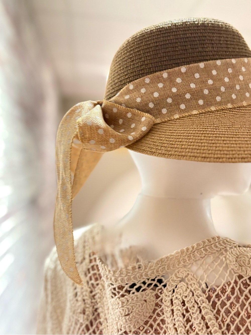 Pierre Cardin Tan Straw Sun Hat with White Polka Dot Band - Picture 3 of 11